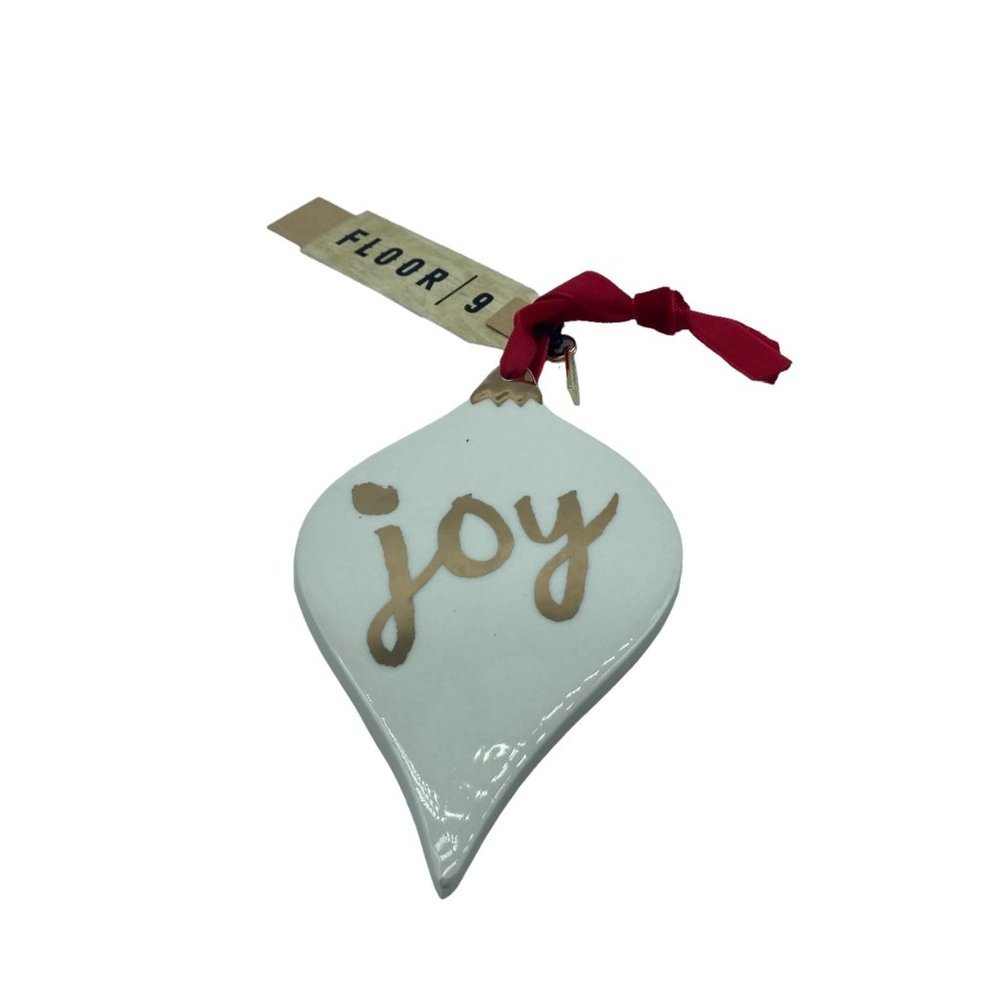 New Floor 9 White Gold Ceramic Boho Christmas Tree Joy Holiday Ornament 3”x 5”